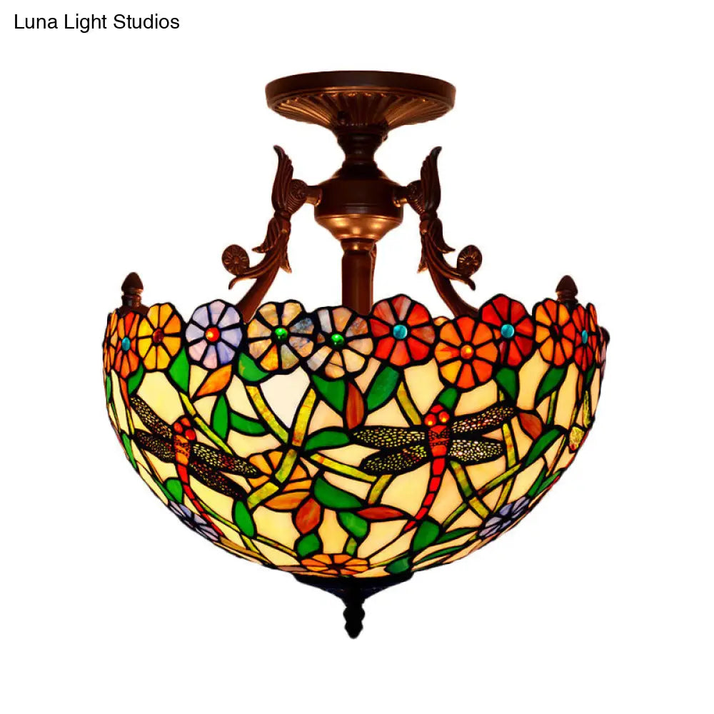 Bronze 3-Light Semi Flush Ceiling Light with Mediterranean Beige/Red/Yellow Glass Shade for Living Room