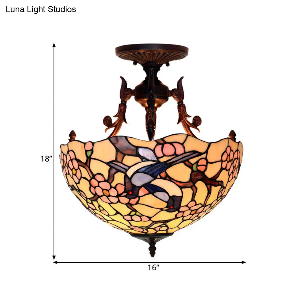 Bronze 3-Light Semi Flush Ceiling Light with Mediterranean Beige/Red/Yellow Glass Shade for Living Room