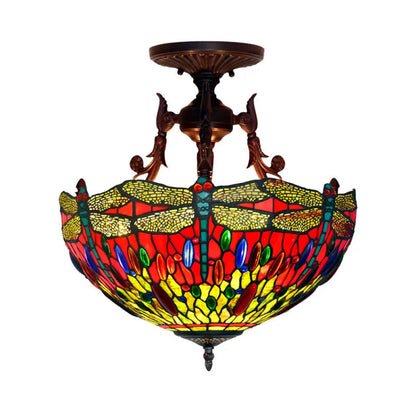 Bronze 3-Light Semi Flush Ceiling Light with Mediterranean Beige/Red/Yellow Glass Shade for Living Room