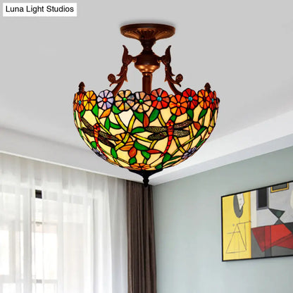 DecorBites™ DecorBites™ Bronze 3-Light Semi Flush Ceiling Light with Mediterranean Beige/Red/Yellow Glass Shade for Living Room