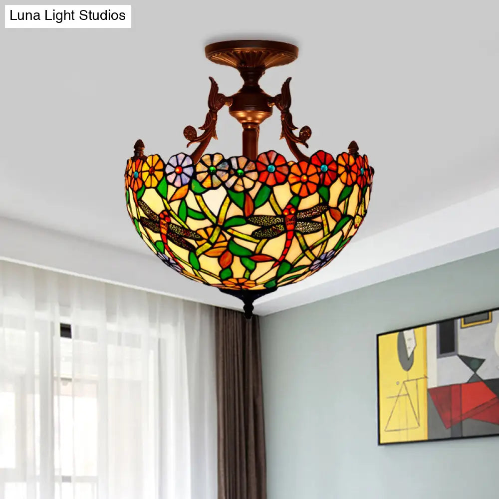 Bronze 3-Light Semi Flush Ceiling Light with Mediterranean Beige/Red/Yellow Glass Shade for Living Room