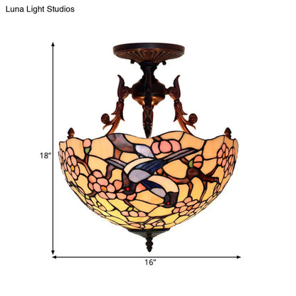 Bronze 3-Light Semi Flush Ceiling Light with Mediterranean Beige/Red/Yellow Glass Shade for Living Room