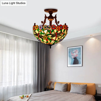 DecorBites™ DecorBites™ Bronze 3-Light Semi Flush Ceiling Light with Mediterranean Beige/Red/Yellow Glass Shade for Living Room