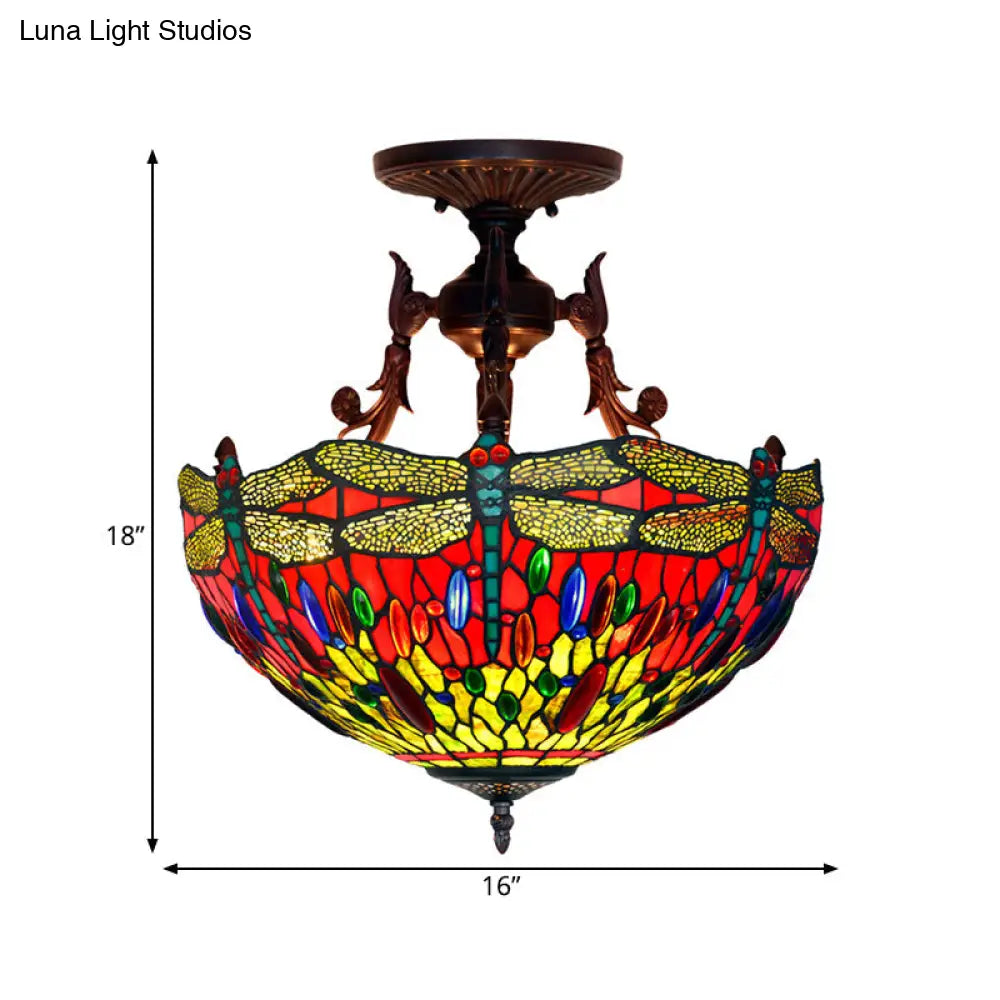 Bronze 3-Light Semi Flush Ceiling Light with Mediterranean Beige/Red/Yellow Glass Shade for Living Room