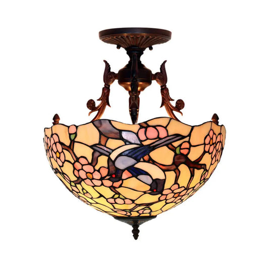 Bronze 3-Light Semi Flush Ceiling Light with Mediterranean Beige/Red/Yellow Glass Shade for Living Room