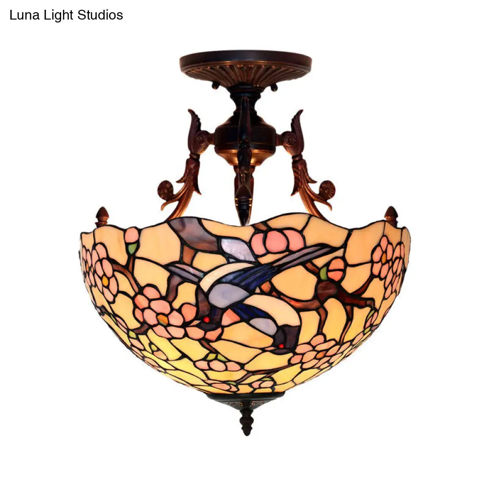 Bronze 3-Light Semi Flush Ceiling Light with Mediterranean Beige/Red/Yellow Glass Shade for Living Room