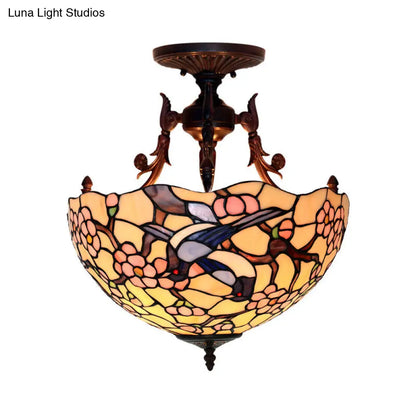 Bronze 3-Light Semi Flush Ceiling Light with Mediterranean Beige/Red/Yellow Glass Shade for Living Room