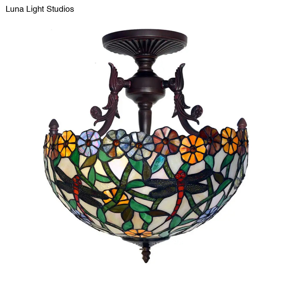 DecorBites™ DecorBites™ Bronze 3-Light Semi Flush Ceiling Light with Mediterranean Beige/Red/Yellow Glass Shade for Living Room