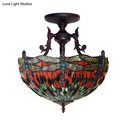 DecorBites™ DecorBites™ Bronze 3-Light Semi Flush Ceiling Light with Mediterranean Beige/Red/Yellow Glass Shade for Living Room