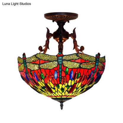 Bronze 3-Light Semi Flush Ceiling Light with Mediterranean Beige/Red/Yellow Glass Shade for Living Room