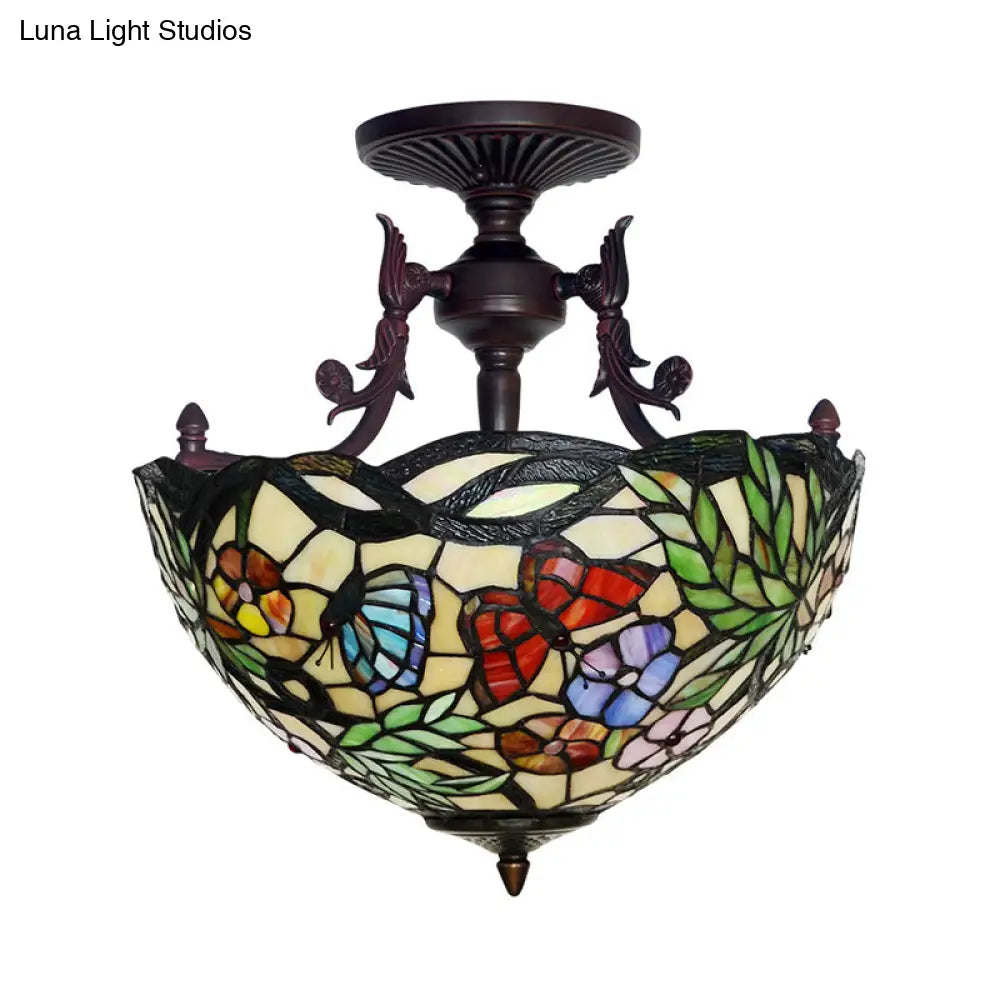 Bronze 3-Light Semi Flush Ceiling Light with Mediterranean Beige/Red/Yellow Glass Shade for Living Room