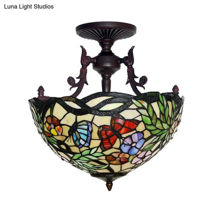 Bronze 3-Light Semi Flush Ceiling Light with Mediterranean Beige/Red/Yellow Glass Shade for Living Room