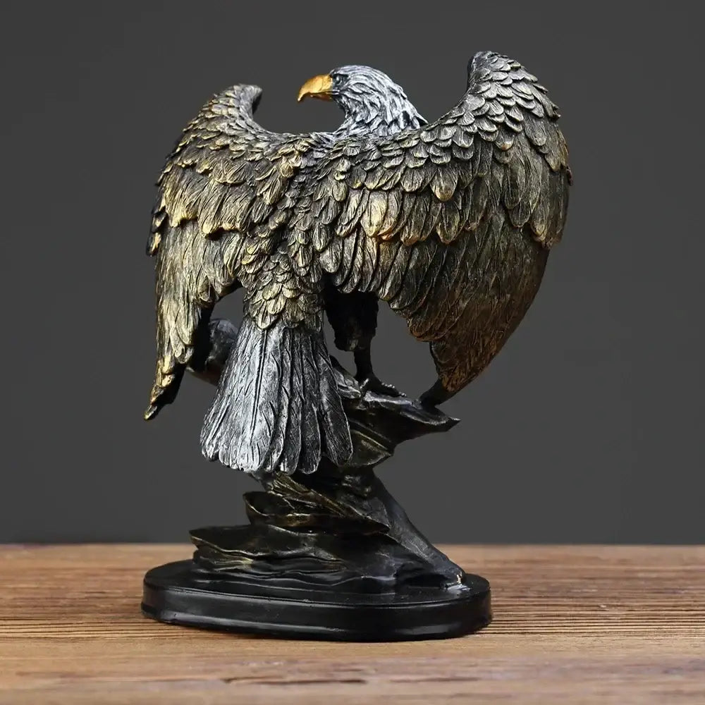 Bronze and gold eagle statue resin ornament with detailed feathers and golden beak perched on rocky base for office decor