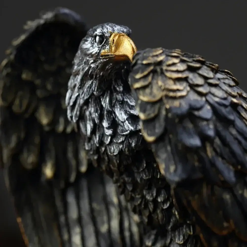 Bronze and gold eagle statue resin ornament with detailed black and gold feathers and polished golden beak for office decor