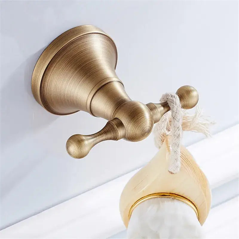 Antique brass double towel rack with brushed finish and ornate handles from decorbites bronze bathroom accessories set