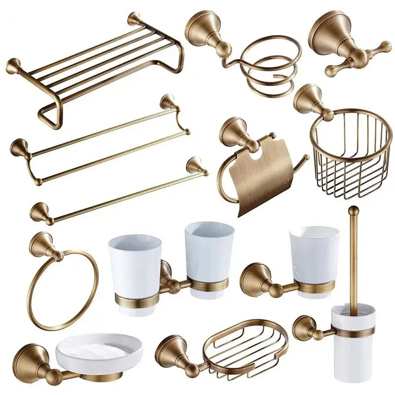 Brass-finished bronze bathroom accessories set with white ceramic cups and soap dish for elegant bathroom decorbites decor