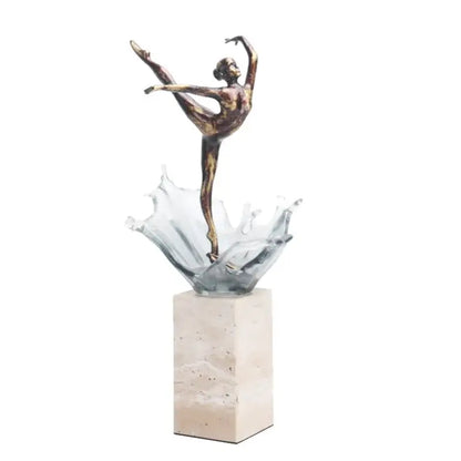 Bronze ballet dancer figure with glass water effect mounted on beige marble pedestal for elegant home decor