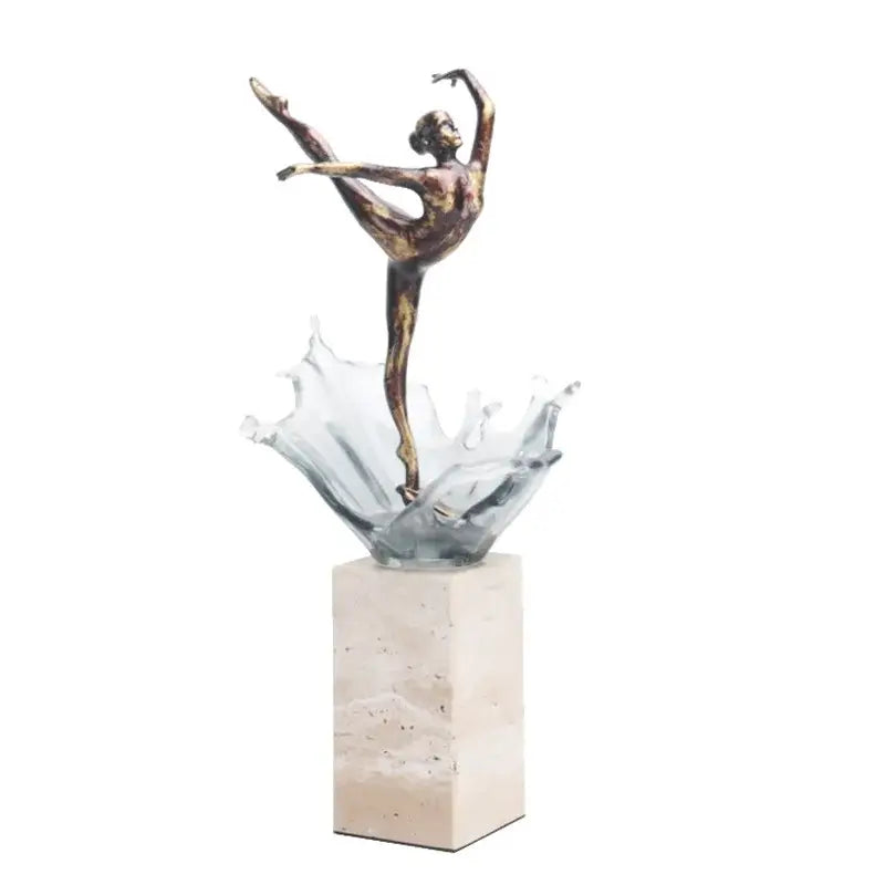 Bronze ballet dancer figure with glass water effect mounted on beige marble pedestal for elegant home decor