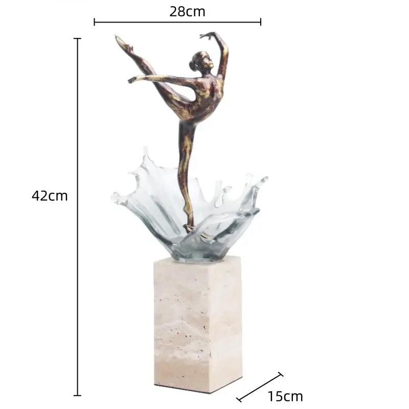 Bronze ballet dancer figure with glass water effect standing on beige marble pedestal for elegant home decor