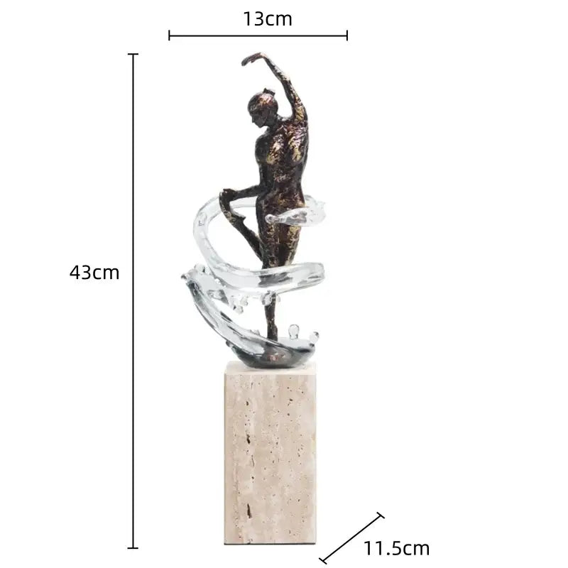 Bronze ballet dancer figure with transparent glass swirls on beige marble base for elegant home decor