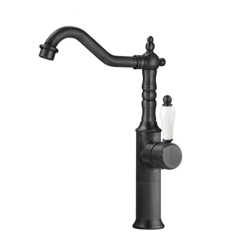 Black matte finished basin faucet with curved spout and off-white ceramic handle for cold water use in bronze basin faucet antique deck mounted design