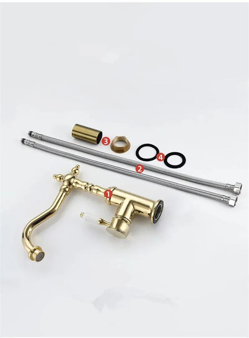 Gold-finished vintage-style bronze basin faucet with ornate detailing and single-handle design for cold water use