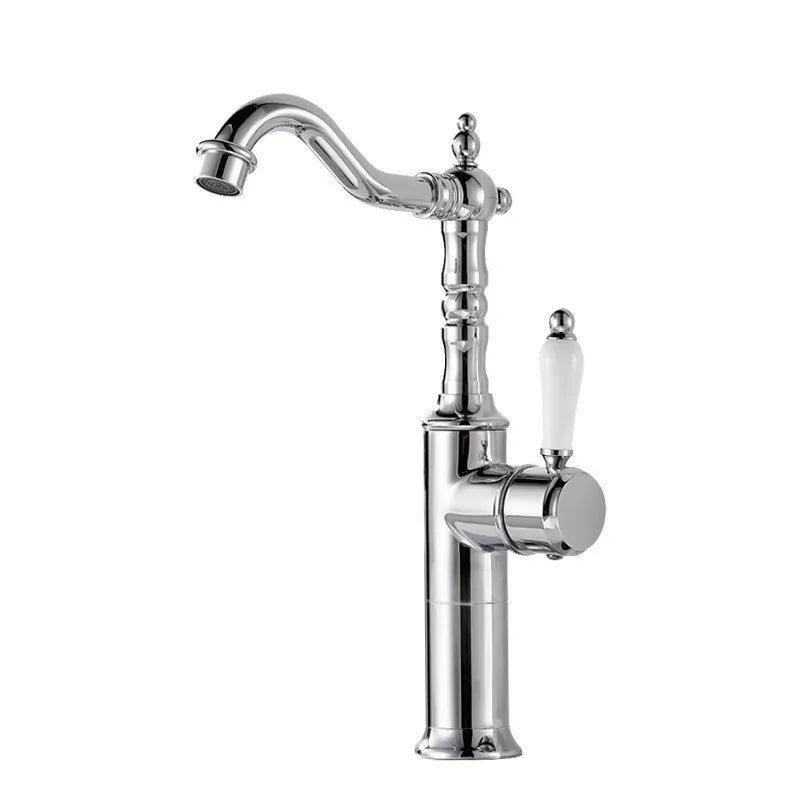 Bronze basin faucet deck mounted with chrome curved spout and off-white ceramic handle for cold water use