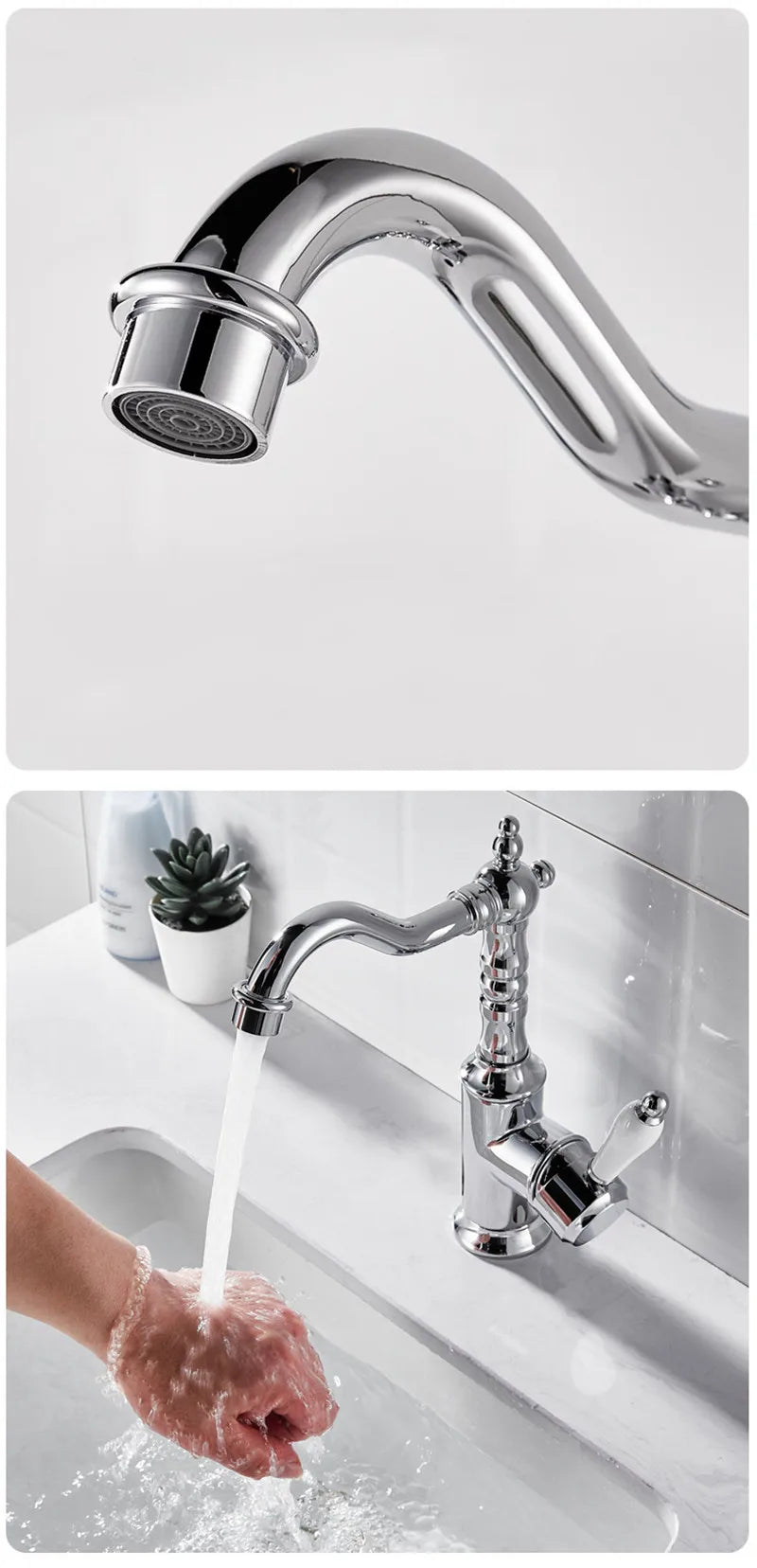 Chrome finished basin faucet with curved spout and vintage design for cold water in bronze basin faucet antique deck mounted