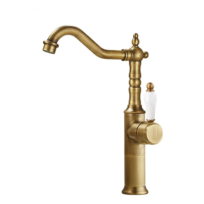 Antique brass bronze basin faucet with a curved spout and white ceramic handle for cold water deck mounting