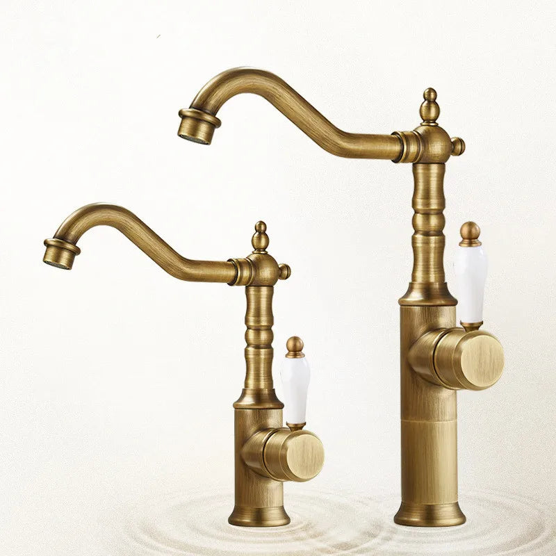 Antique brass bronze basin faucet with white ceramic handles and ornate design for cold water deck mounting