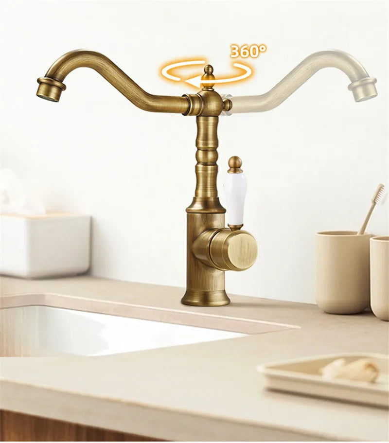 Antique bronze basin faucet with brass finish, white ceramic handle, and 360 degree swivel spout for cold water use