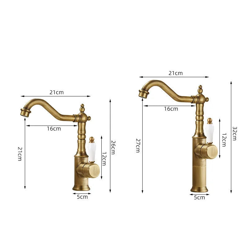 Antique brass-finished bronze basin faucet with white ceramic handle and ornate detailing for cold water use