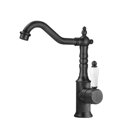 Black matte basin faucet with white ceramic handle and vintage design for cold water deck mounted use