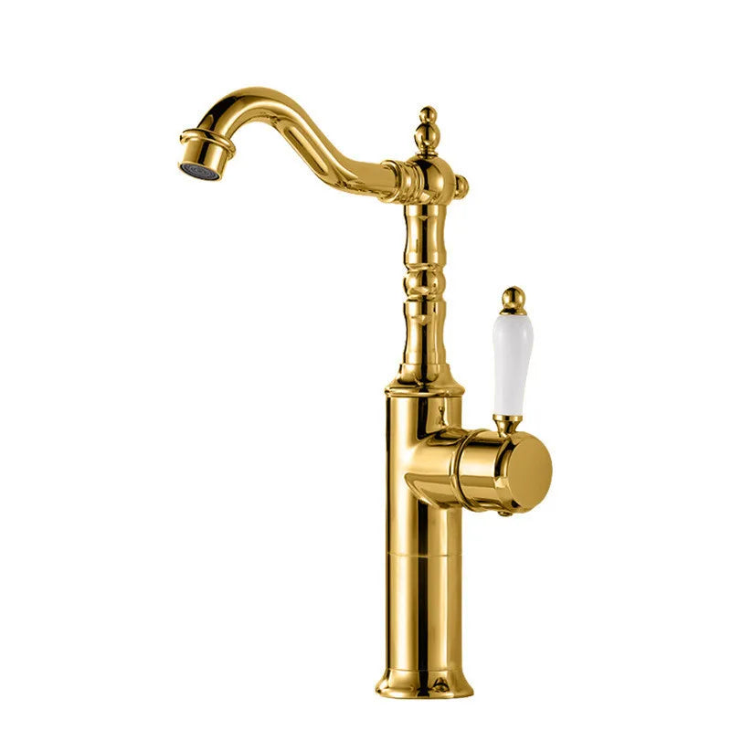 Gold-finished bronze basin faucet with curved spout and white ceramic handle designed for cold water use