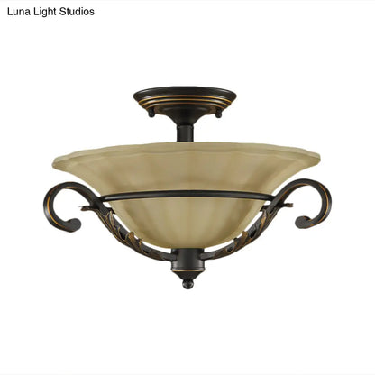 Bronze Bell Shaped Flush Lamp with Ribbed Opal Glass – 3-Head Corridor Ceiling Light