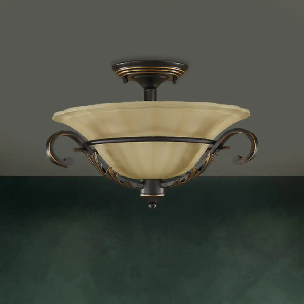 Bronze Bell Shaped Flush Lamp with Ribbed Opal Glass – 3-Head Corridor Ceiling Light