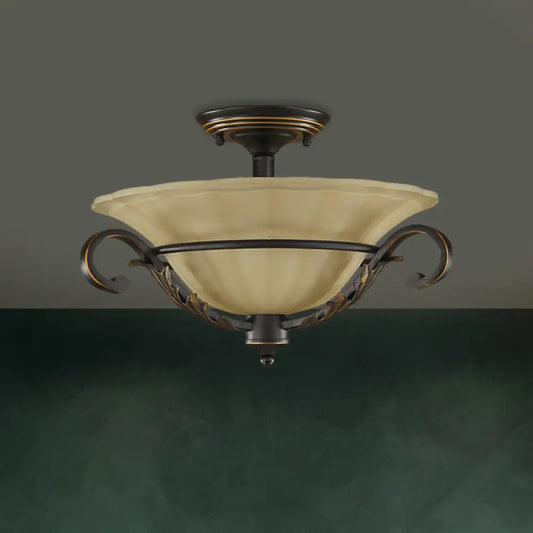 Bronze Bell Shaped Flush Lamp with Ribbed Opal Glass – 3-Head Corridor Ceiling Light