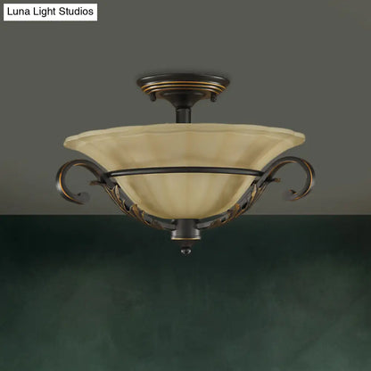 Bronze Bell Shaped Flush Lamp with Ribbed Opal Glass – 3-Head Corridor Ceiling Light