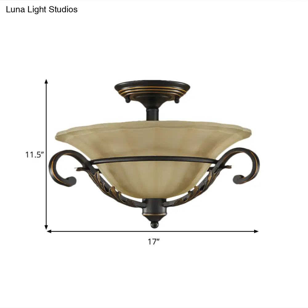 Bronze Bell Shaped Flush Lamp with Ribbed Opal Glass – 3-Head Corridor Ceiling Light