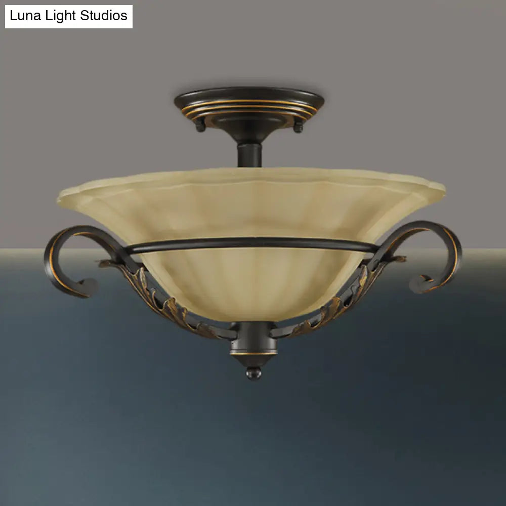 Bronze Bell Shaped Flush Lamp with Ribbed Opal Glass – 3-Head Corridor Ceiling Light