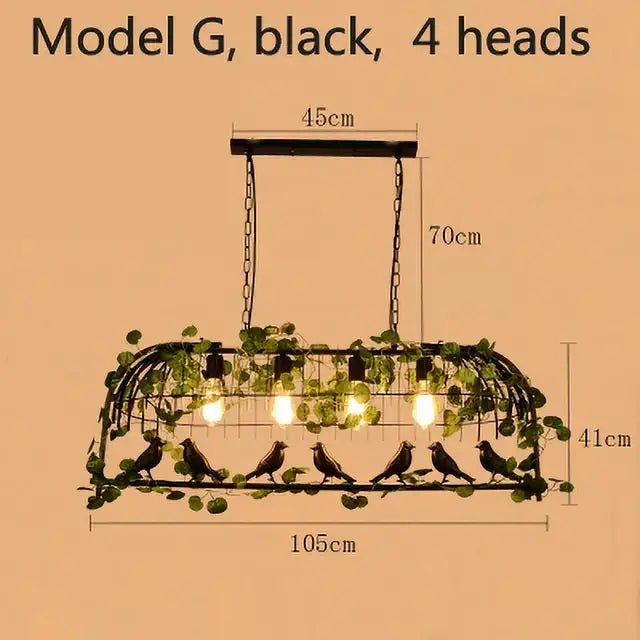 Black metal decorbites birdcage pendant lights with four bulbs and green vine accents for dining room decor