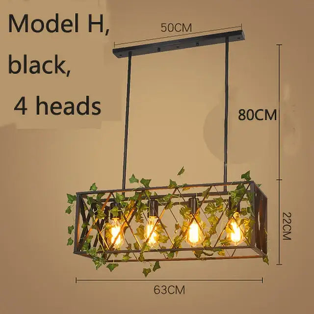 Black metal decorbites birdcage pendant lights with four exposed bulbs and green ivy vines for dining room decor