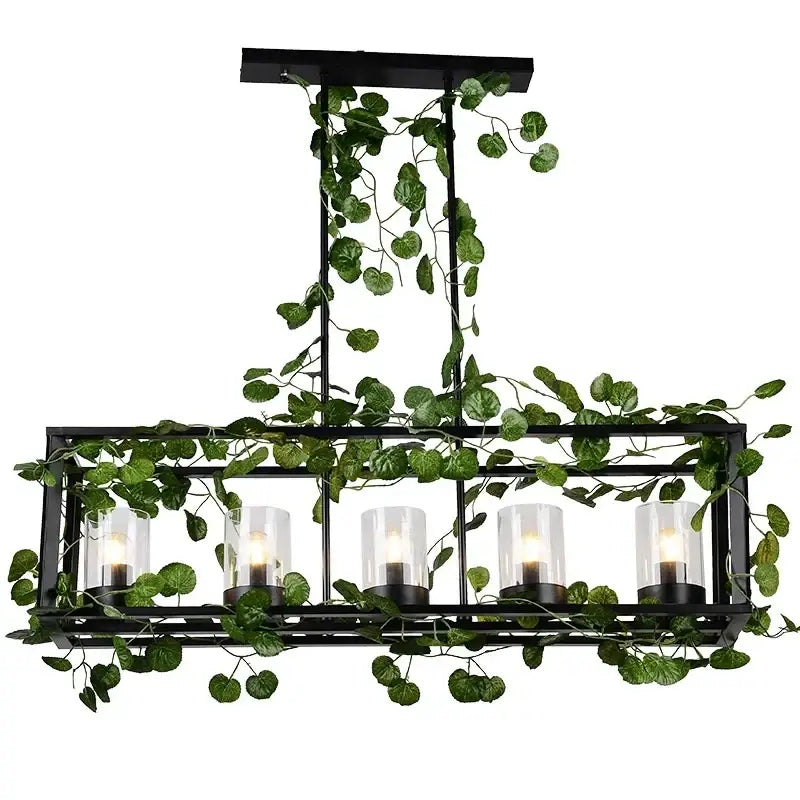 Black metal rectangular birdcage pendant lights with five clear glass bulbs and green ivy garland for dining room decorbites pendant lights