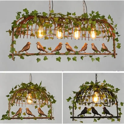 Rustic copper-toned bronze birdcage pendant lights with six bronze birds and green ivy for dining room decorbites birdcage pendant