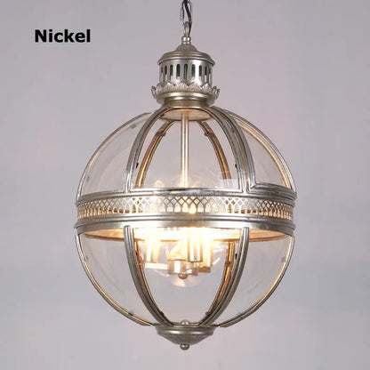 Nickel-finished spherical pendant light with clear glass panels and ornate metalwork for decorbites bronze black glass decor
