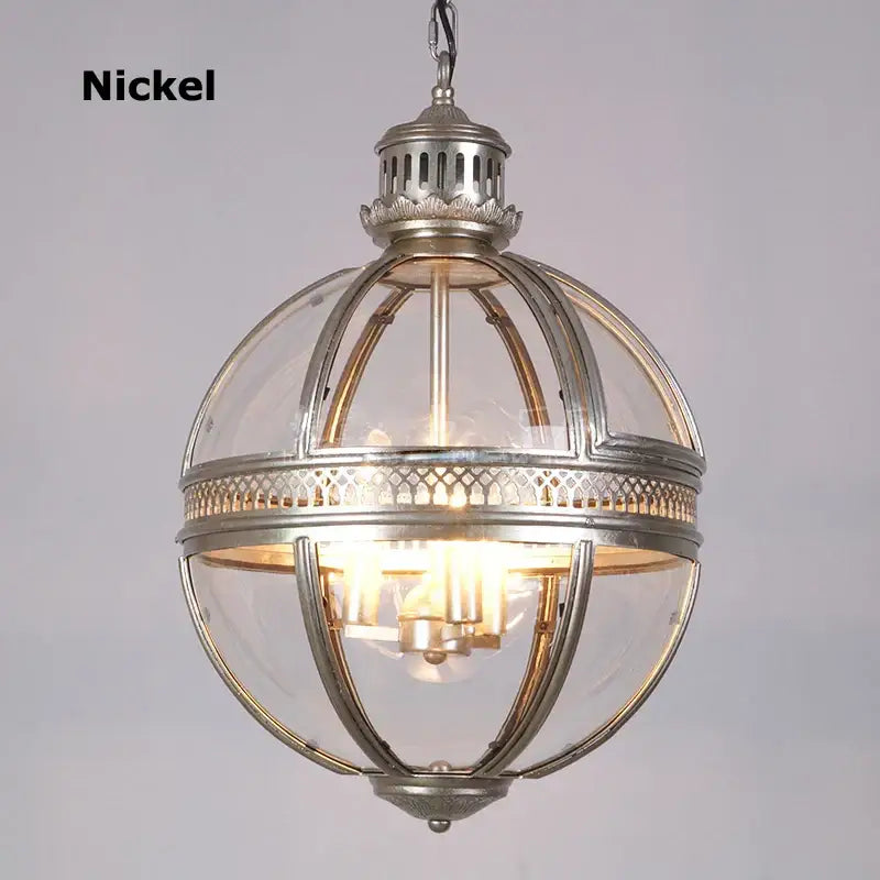 Nickel-finished spherical pendant light with clear glass panels and ornate metalwork for decorbites bronze black glass decor