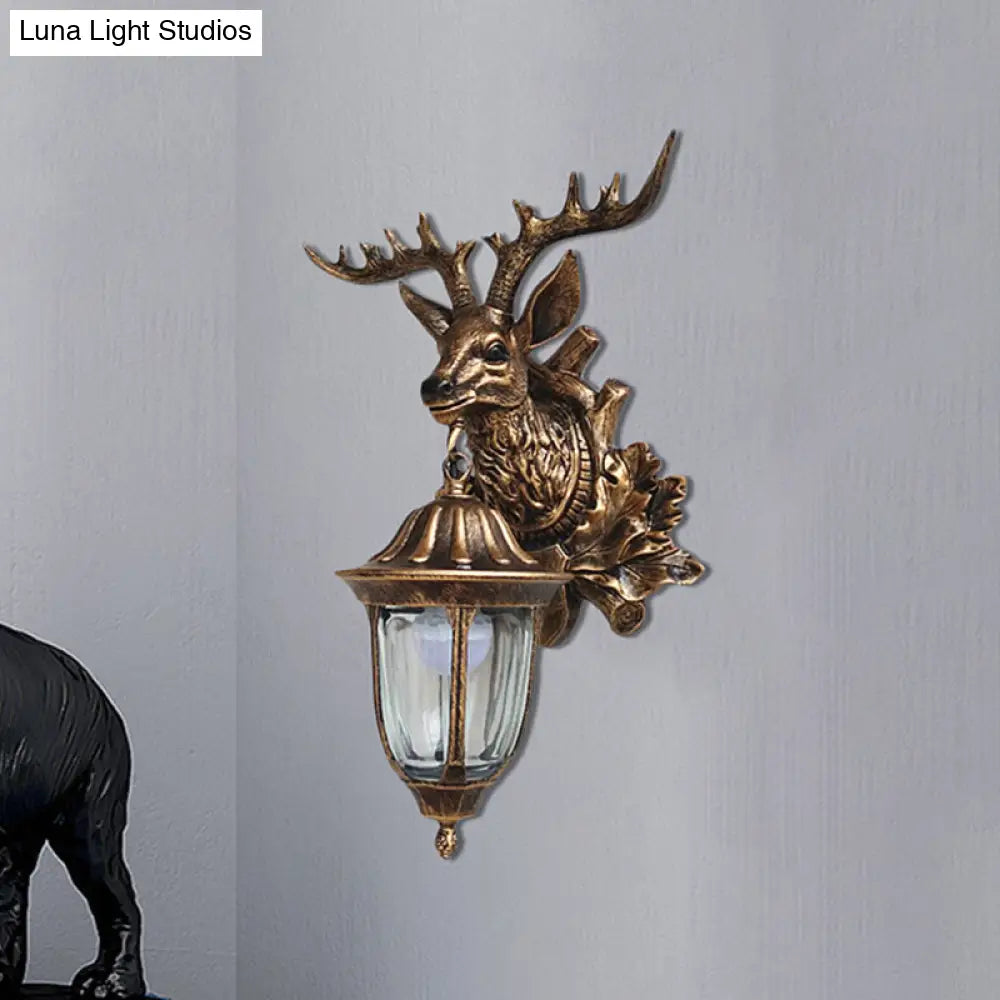 Bronze/Brown Elk Head Wall Mounted Light - Farmhouse Resin Sconce with Glass Shade