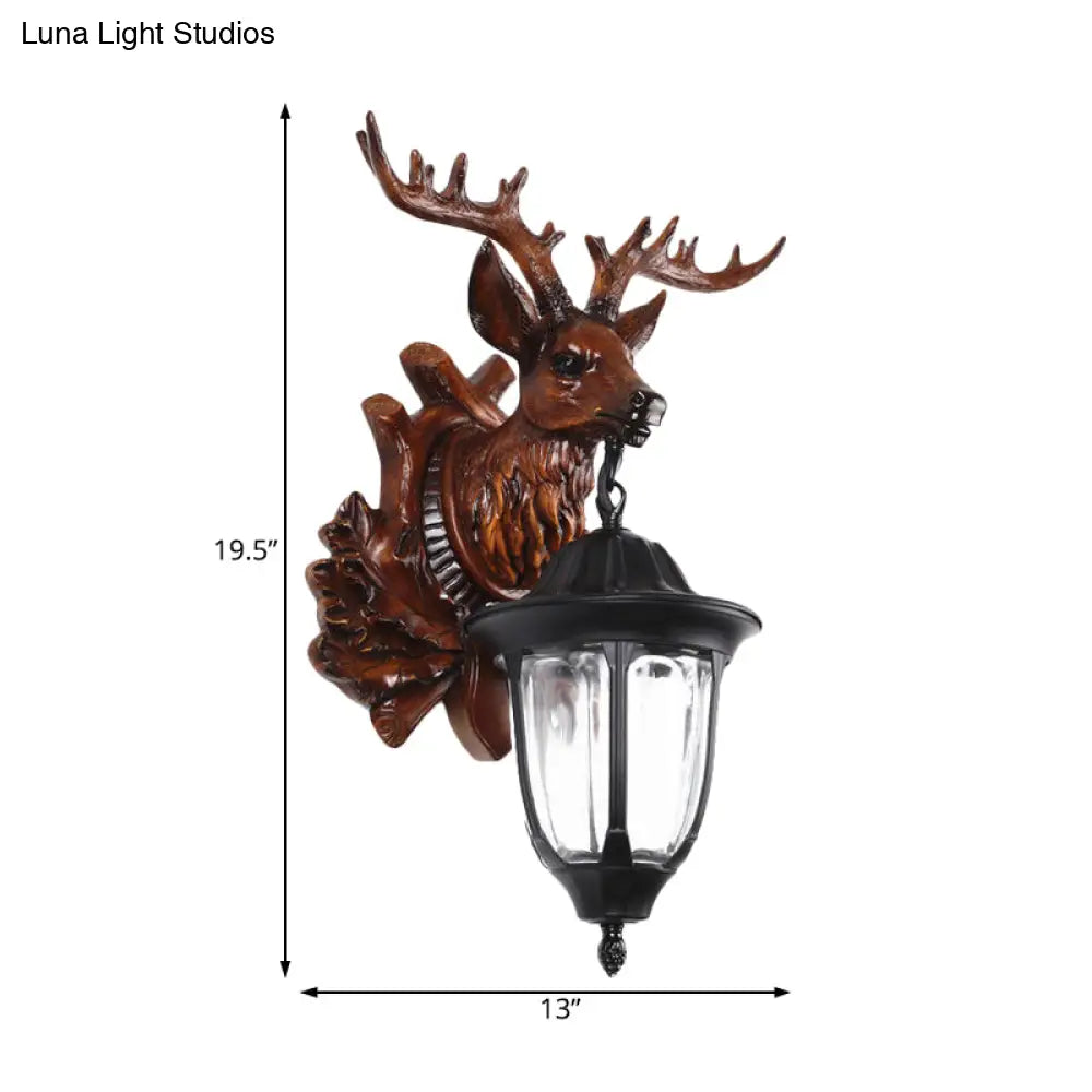 Bronze/Brown Elk Head Wall Mounted Light - Farmhouse Resin Sconce with Glass Shade