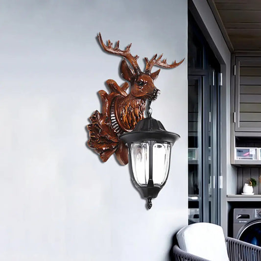 Bronze/Brown Elk Head Wall Mounted Light - Farmhouse Resin Sconce with Glass Shade