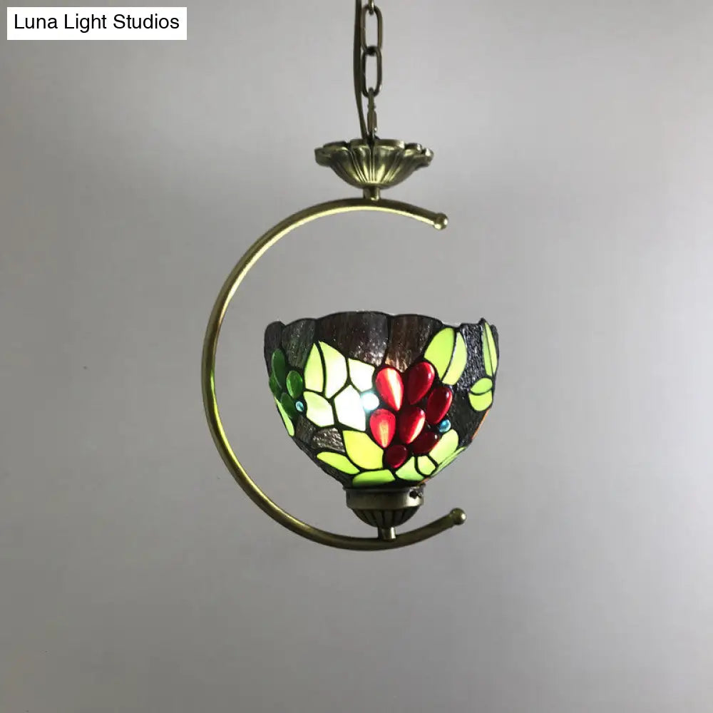 Bronze C-Frame Pendant Light with Geometric Cut Glass Shade